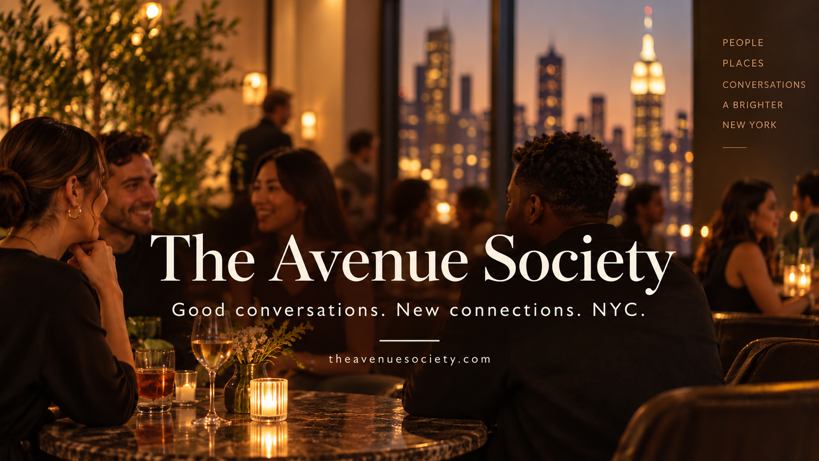 A warm candlelit social gathering in New York City representing The Avenue Society community.